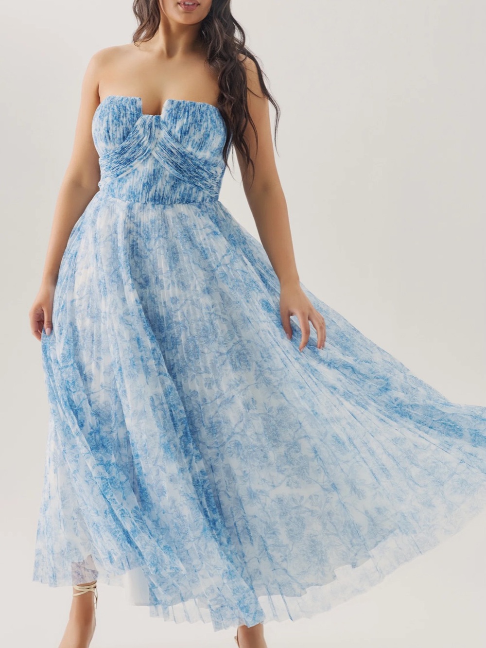 Hutch Corene Strapless Floral Tulle Midi Dress Blue Chinoiserie Plus Size 22W
